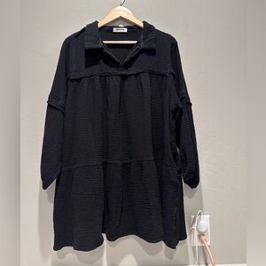 Mienne Black Babydoll 100% Cotton Collared Textured Mini Dress Large Pockets